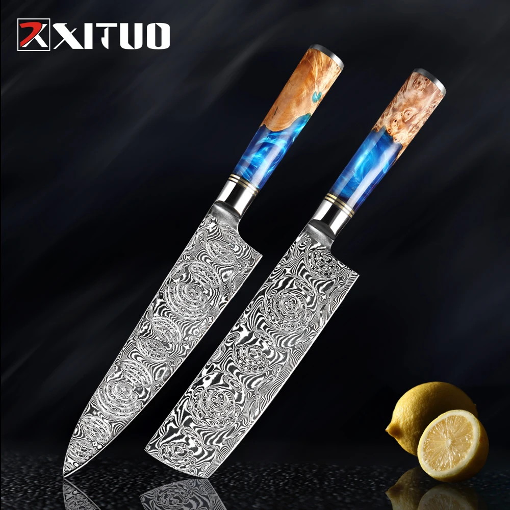 XITUO Powder Damascus Steel VG10 Chef Knife Cleaver Paring Fish Meat Kitchen Knife Blue Resin and Color Wood Handle Cooking Tool