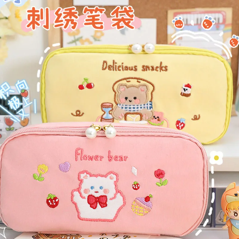 

Embroidered Canvas Cute Junior High Student Pencil Bag Ins Japanese Primary School Student 2022 Girl Large Capacity