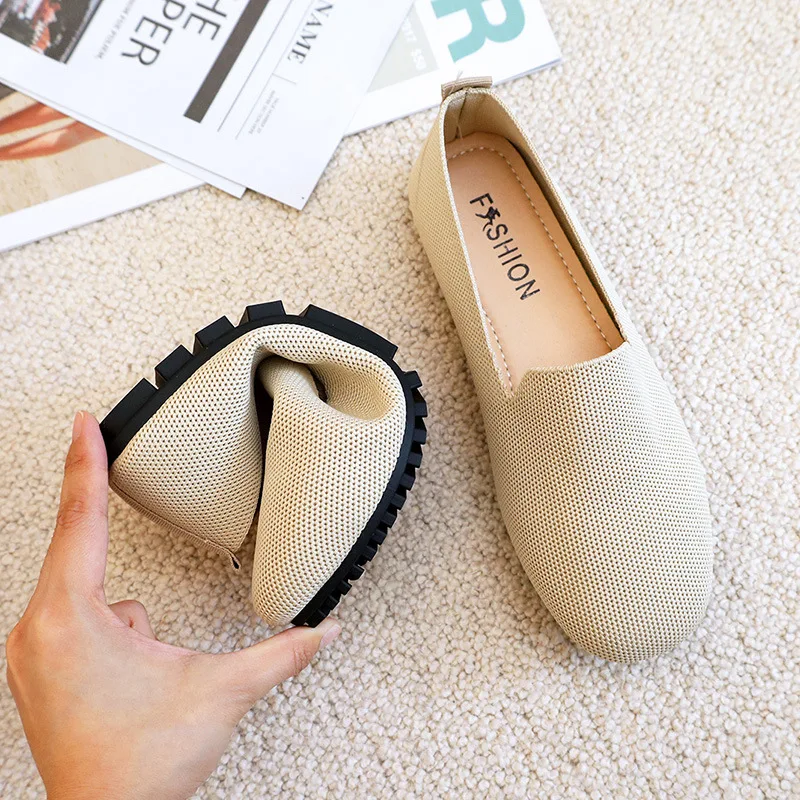 2022 Ladies Flat Shoes Knitted Square Toe Moccasin Color Mixed Soft Zapatos De Sports Zapatillas Mujer Bесна Ballet Breathable