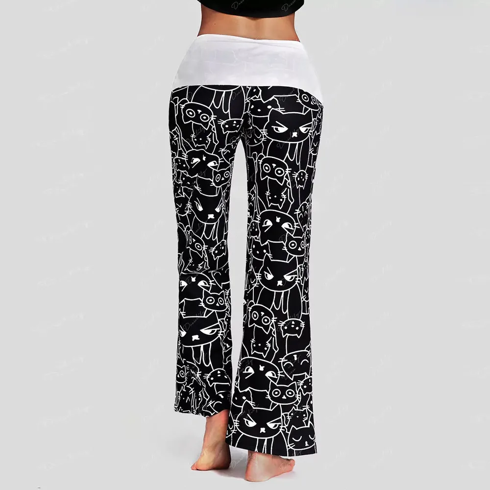 Женские повседневные брюки для сна домашние штаны с принтом кошки удобные