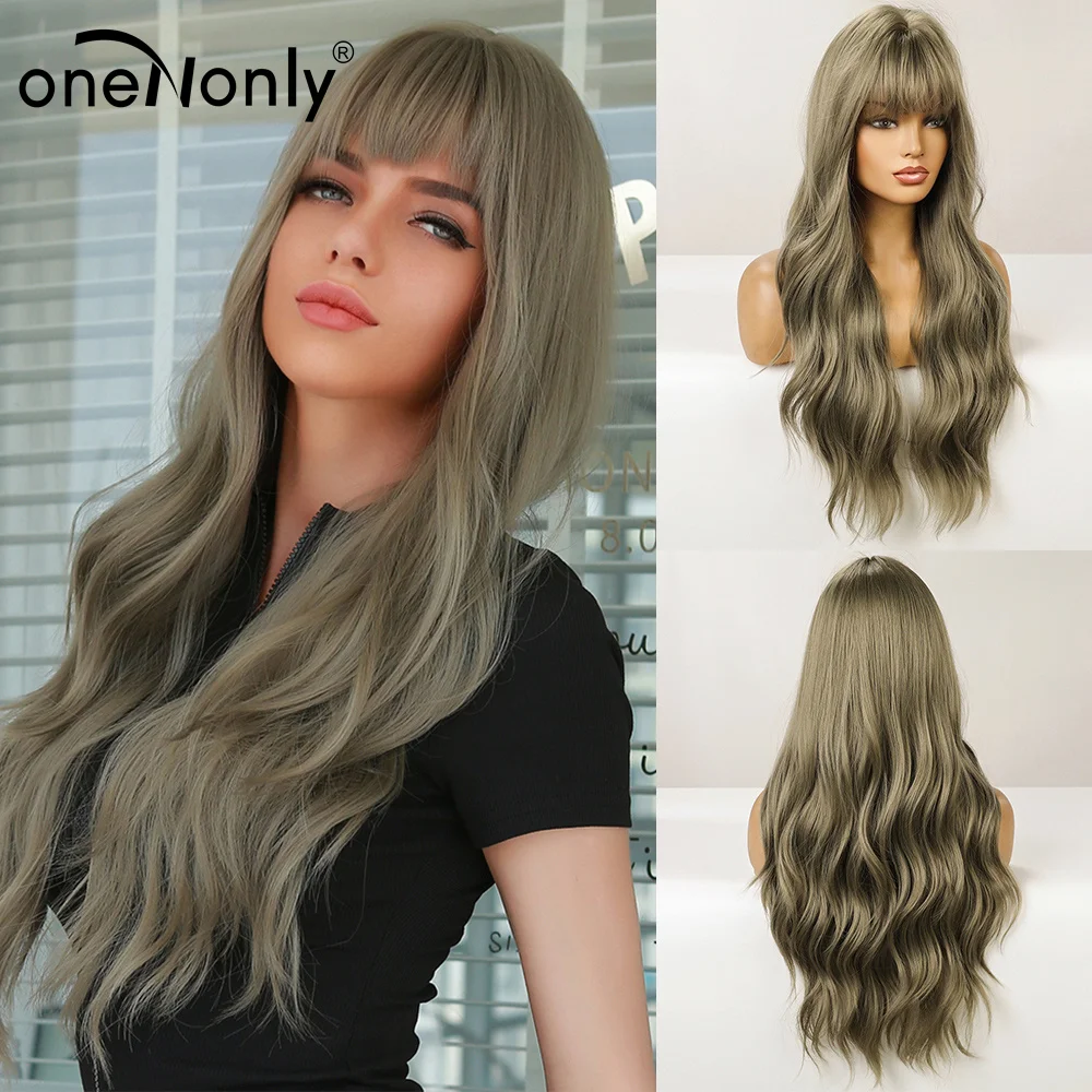 

oneNonly Long Gray Green Wigs with Bangs Natural Wave Heat Resistant Wavy Hair Synthetic Wig for Women Daliy Cosplay Lolita