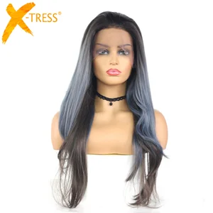 Синтетические волосы на кружевном фронте, парики для черных женщин, X-TRESS, термостойкие волокна, длинные волнистые, Омбре, серый цвет, парик с кружевом, волосы для малышей