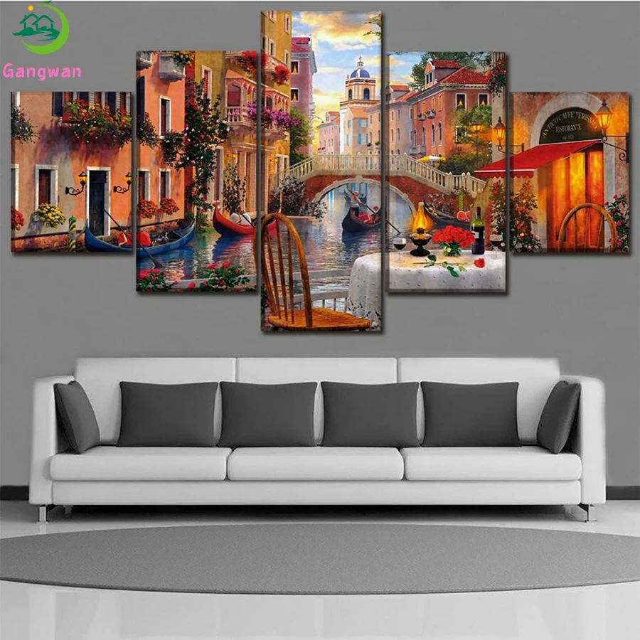 

Diamond Embroidery Venice water city restaurant view Full Square round Diamond Mosaic Art Painting Cross Stitch Wall Decor5 pcs