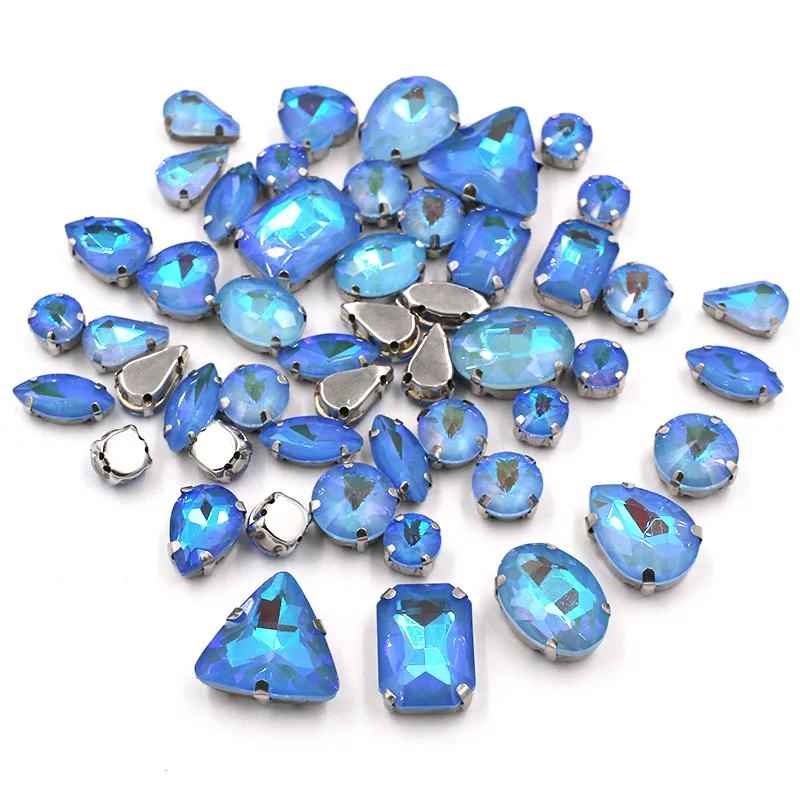 

Wedding Decoration 50pcs/bag Light Blue AB Mocha Fluorescence Glass Crystal Stone Gold/Silver Claw Rhinestone Sew on Clothes