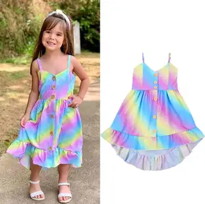 Girl Kids Summer Dress Sleeveless  Rainbow Printing Button Adjustable Spaghetti Straps Dresses Girls Beach Dresses Sundress