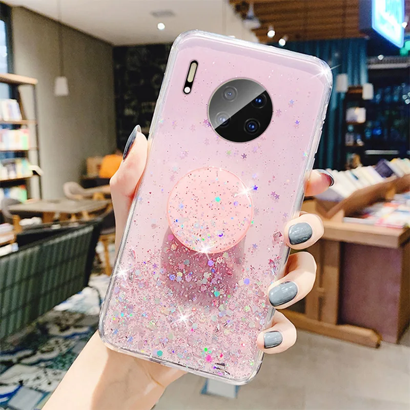 bling glitter silver foil phone holder case for huawei mate 40 30 20 10 lite pro plus 9 transparent soft silicone stand cover free global shipping