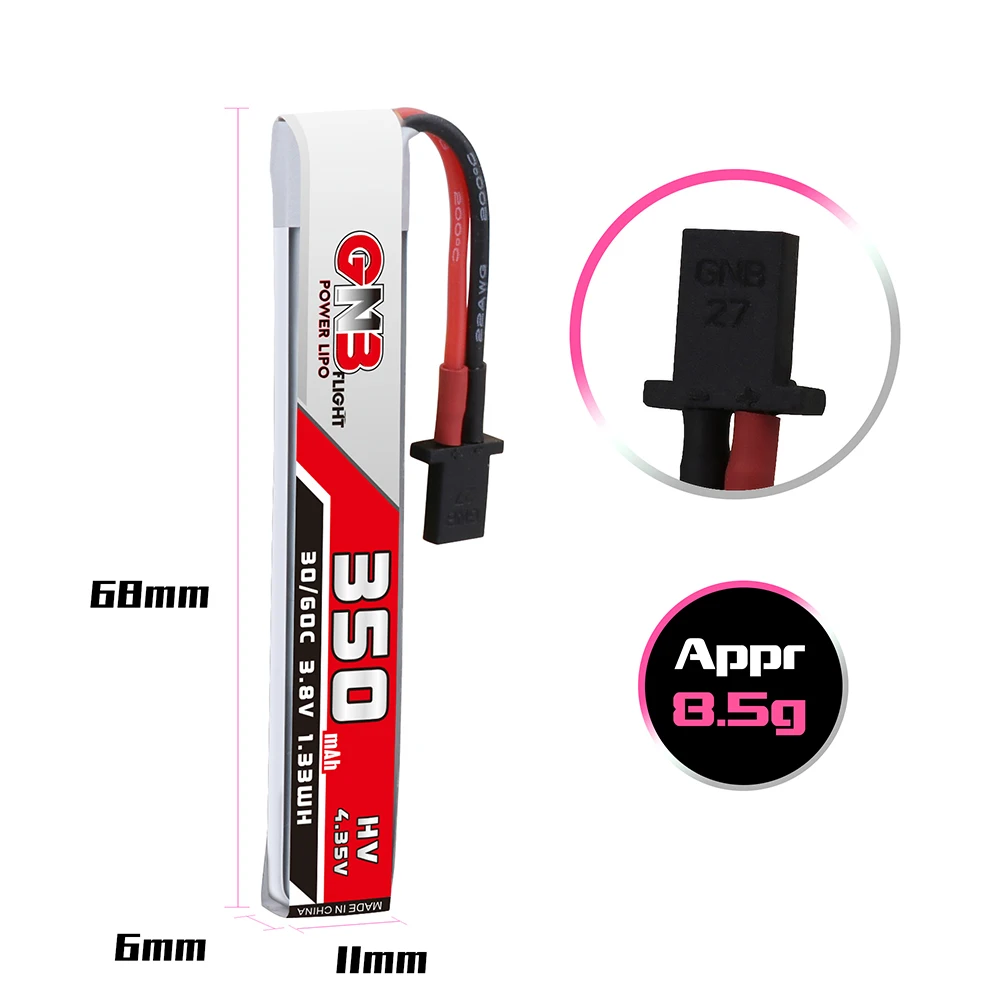 

Gaoneng GNB 3.8V 350mAh 30C 1S HV Lipo Battery GNB27 Connector Plug for RC Racing Drone DIY Accessories Replacement RC Parts