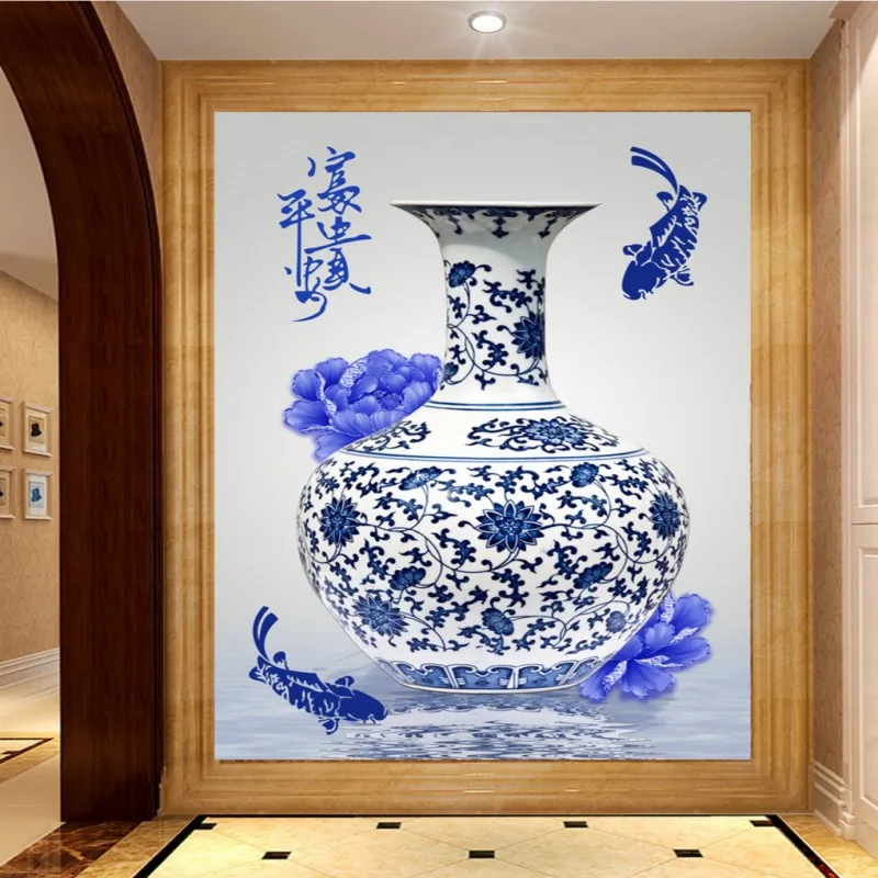 

Drop Shipping 3D Photo Wallpaper Custom Blue White Porcelain Mural Living Room Restaurant Chinese Style Entrance Wallpaper