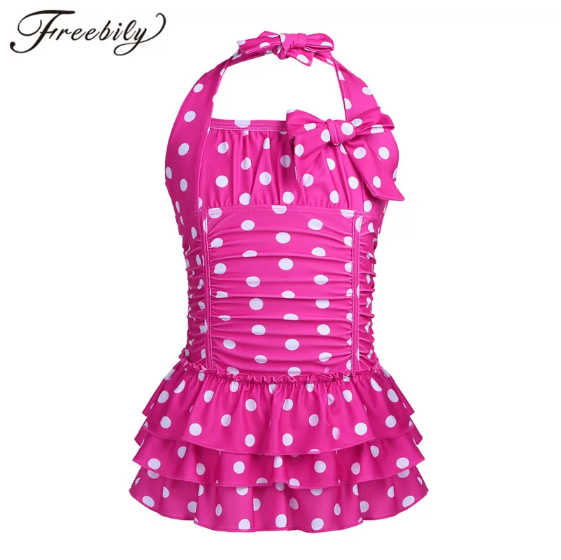 

Children Bathing Suit Kids Girls Swimsuits Swimwear Halter Polka Dots Ruched Tiered Swimsuit for Girls Dress Summer Beach Wear