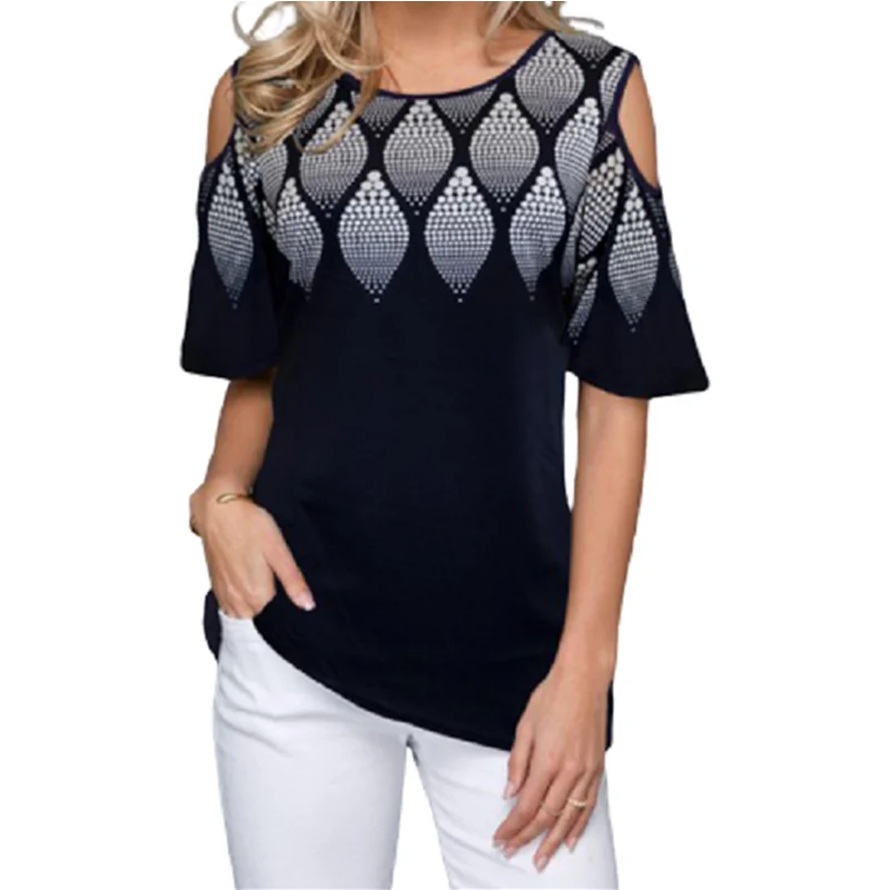 Женская футболка с открытыми плечами летняя повседневная черная круглым вырезом