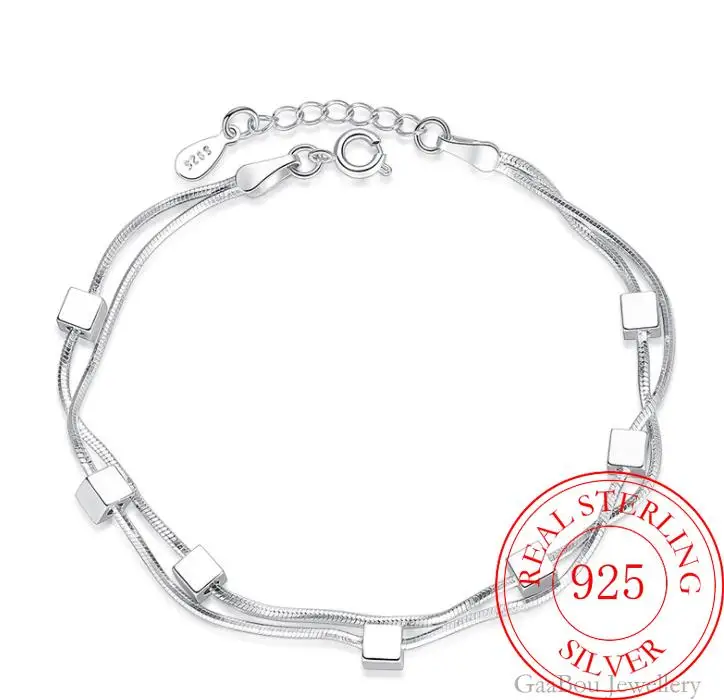 

925 Sterling Silver Bracelet Square Cubic Star Double Chain Linked Anklet For Women Charm Bangle Jewelry Gift Pulseira