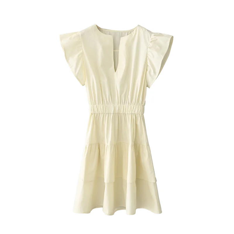 

Платье женское Короткое из чистого хлопка с V-образным вырезом и оборками на рукавах