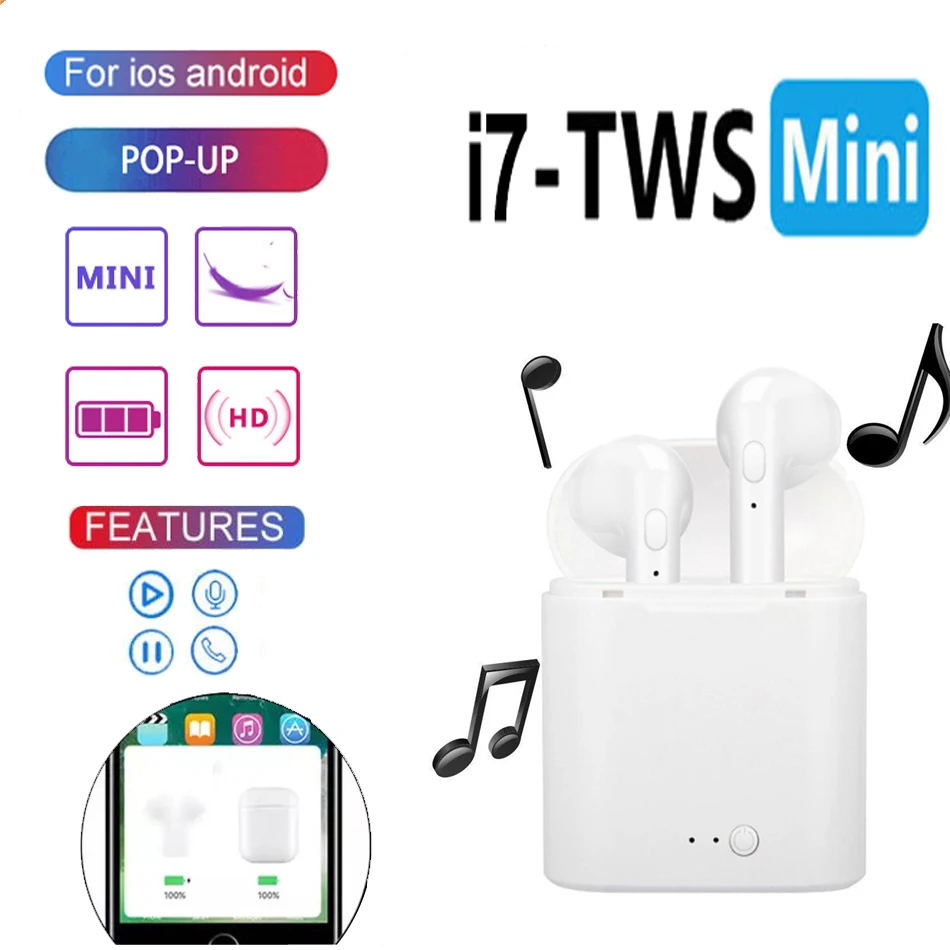 Беспроводные наушники i7s Tws Bluetooth с микрофоном для iPhone Huawei Xiaomi Android pk air 12 20 pro max