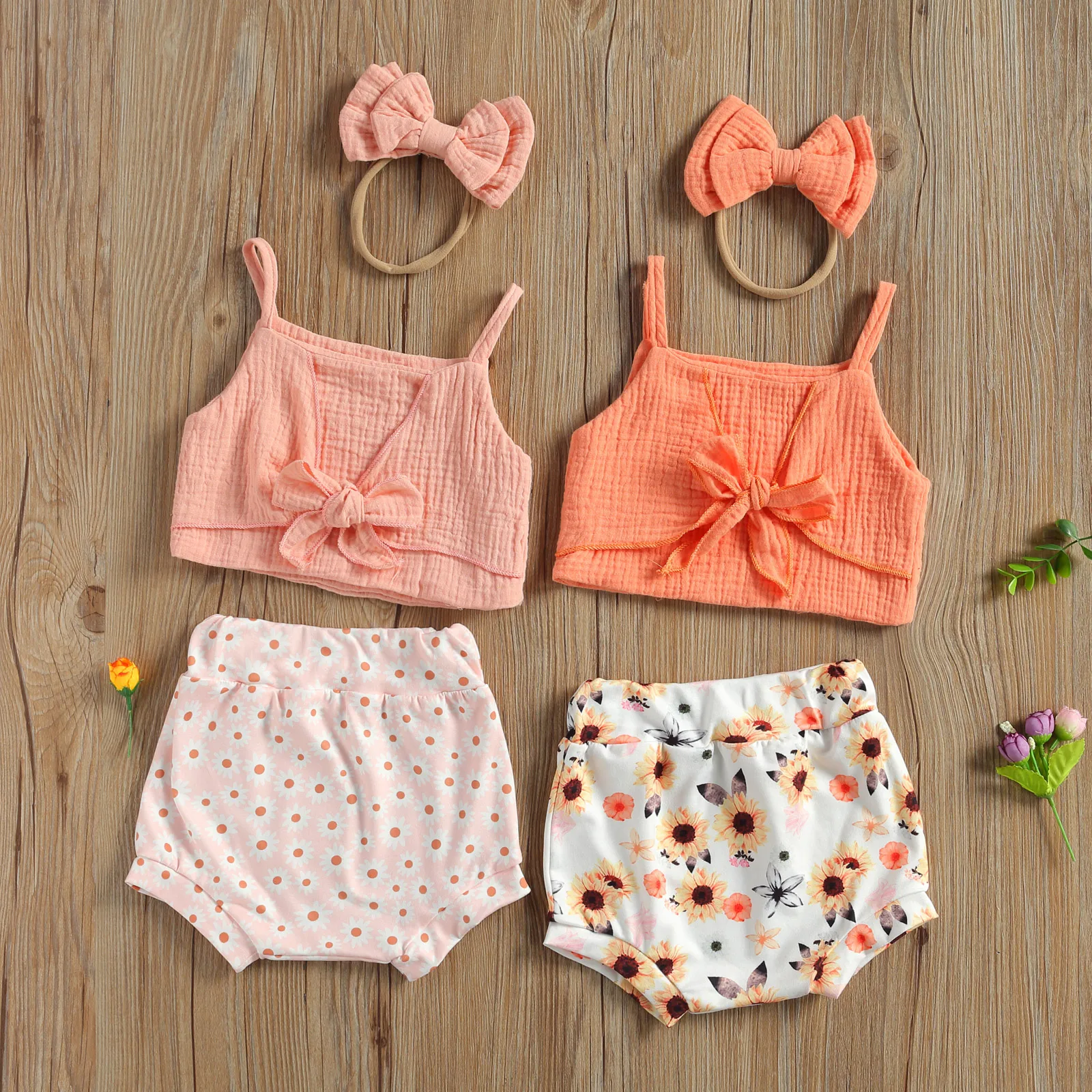 

Baby Girl's 3-Piece Set Infant's Lace Up Halter Spaghetti Strap Tops +Flower Printing Elastic Shorts +Bow Tie Hair Band 3M -2Y