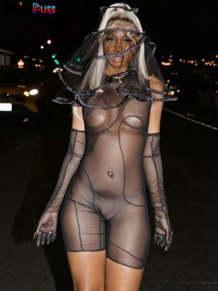 

Weird Puss Mesh Sexy Women Playsuit Activity Solid O-Neck Gloves Stretch Body-Shaping Bodycon Trend Midnight Party Skinny Outfit