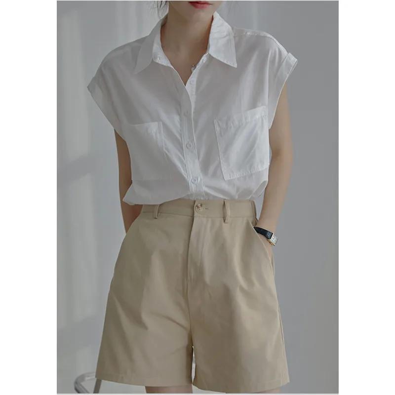 

Real Shot White Casual Shirt Women Summer Short-Sleeved Design Sense Thin Loose Retro Sleeveless Shirt