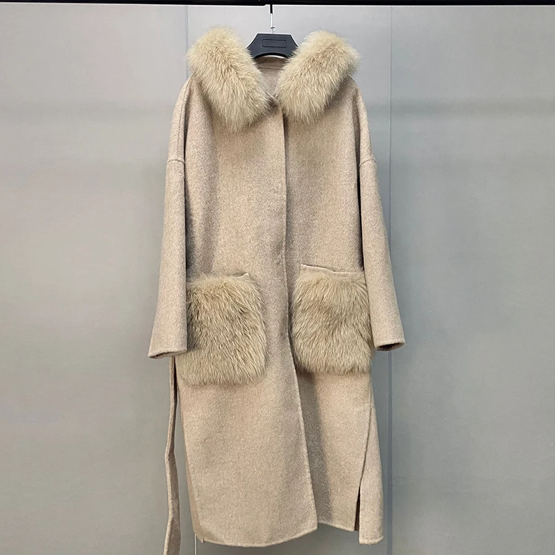 

Женское шерстяное пальто с длинным рукавом, пальто с поясом на капюшоне и воротником из лисьего меха, роскошная осенняя куртка с карманами