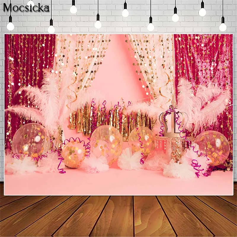 

Mocsicka Girl Birthday Cake Smash Photography Backdrops Red Curtain White Feather Decoration Photo Props Studio Booth Background
