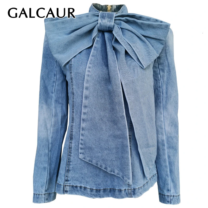 Куртка женская джинсовая с воротником стойкой длинным рукавом и рюшами|Женские