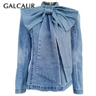 Куртка женская джинсовая с воротником-стойкой, длинным рукавом и рюшами