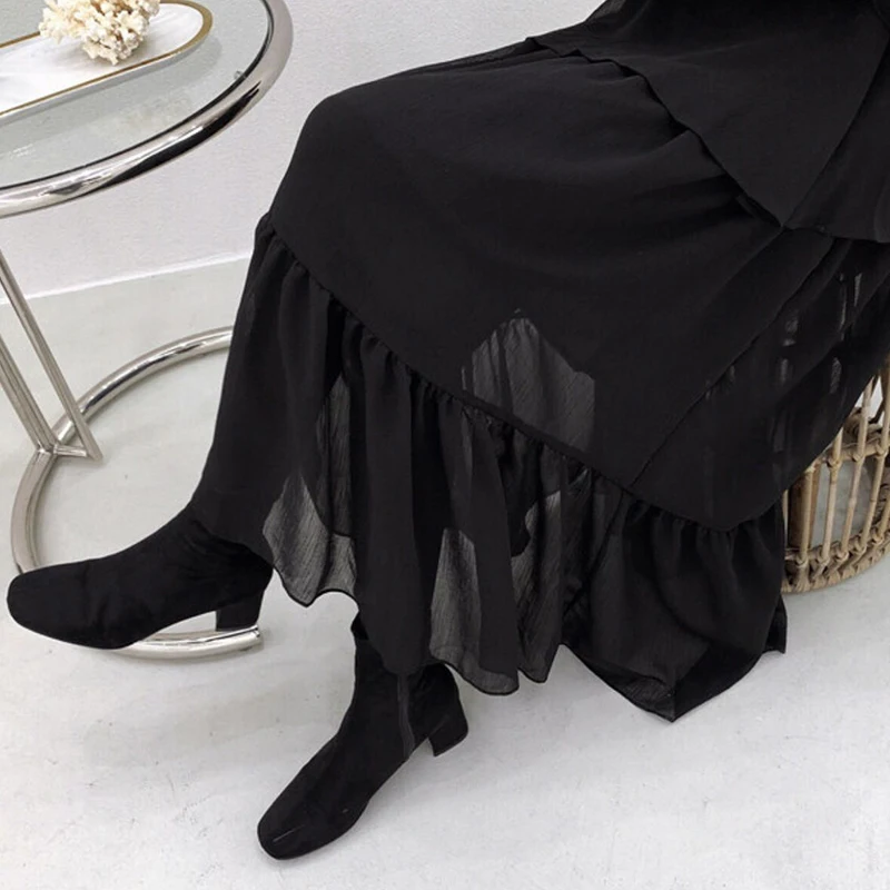 

GALCAUR Korean Dress For Women O Neck Flare Long Sleeve High Waist Patchwork Ruffles A Line Dresses Female 2020 Autumn Clothing