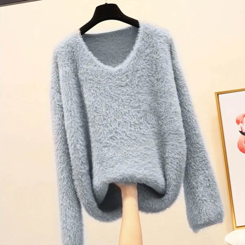 blue grey tops Осень зима искусственный пуловер из норки и кашемира свитер женский свободный v-образный вырез меховые свитера джемпер мягкий теплый вязаный свитер C5985 - Цвет: blue grey tops