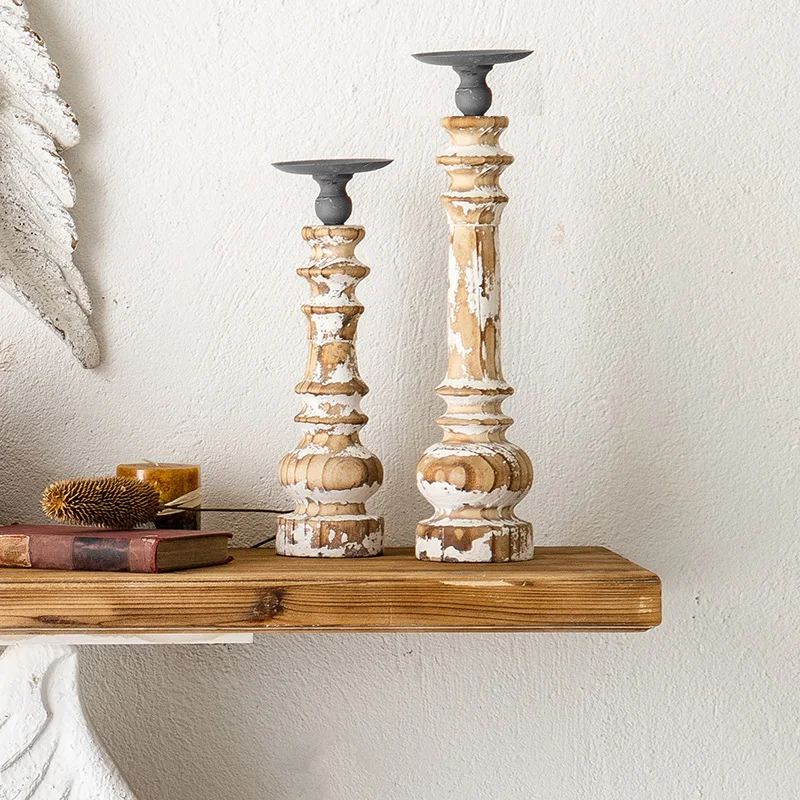 

retro vintage wood candle holder pillar