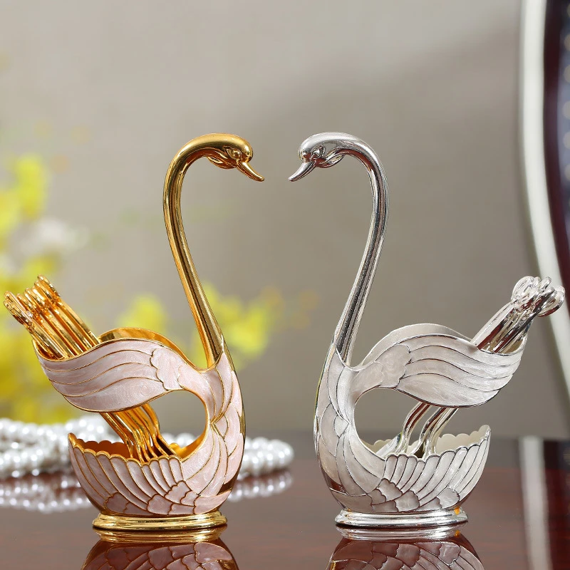 

Gold/Silver 304 Stainless Steel Fruit Cake Coffee Tea Spoon Swan Holder Cutlery Set 6 PCS/lot spoons/fork New Arrival