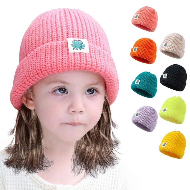 

Autumn Winter Solid Color Baby Knitted Hat Kids Girls Boys Frog Cloth Label Beanies Cap Warm Soft Casual Hemming Hat