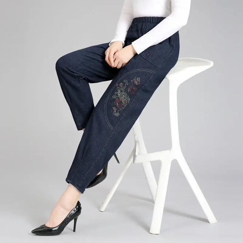 Plus Size Spring Autumn New Denim Pants High Waist Elasticity Casual Women Pants Middle-Aged Embroidered Harajuku Trousers