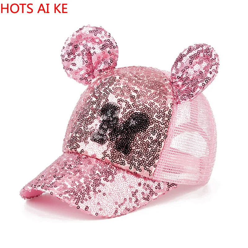 

3-9 Yrs New Summer Girls Baseball Cap Sequin Mesh Cartoon Cute Ears Adjustable Kids Caps Sun Hats