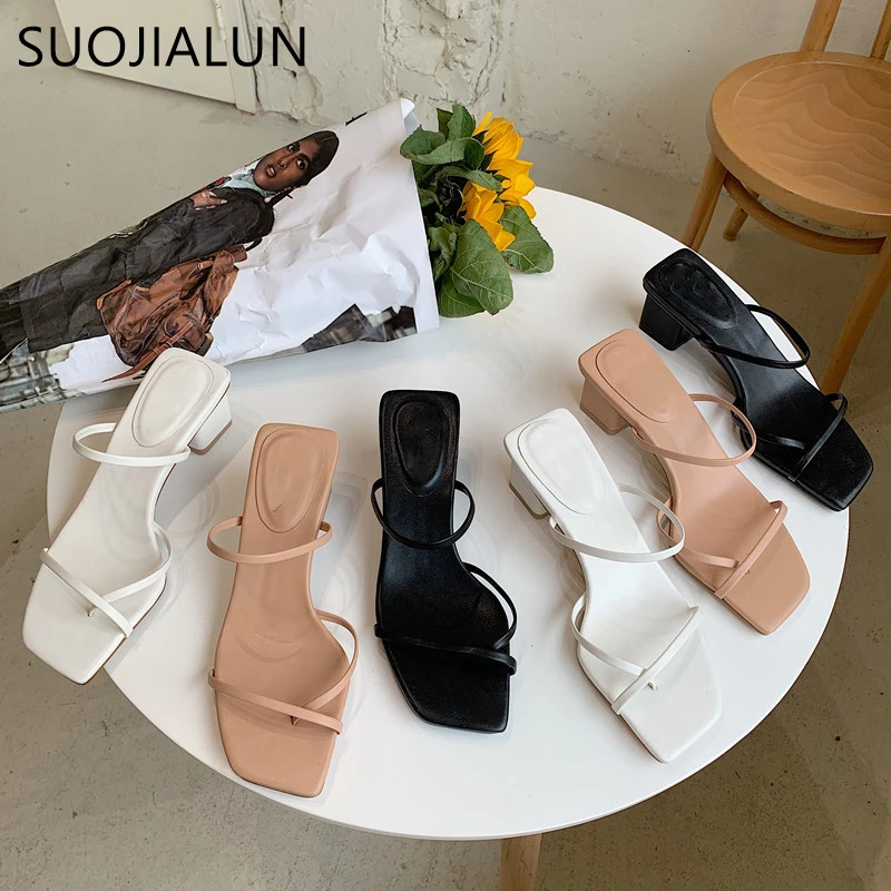 

SUOJIALUN 2021 Summer Women Sandal Square Low Heel Slippers Slip On Beach Slides Brand Narrow Brand Sandal Big Size 41 Flip Flop