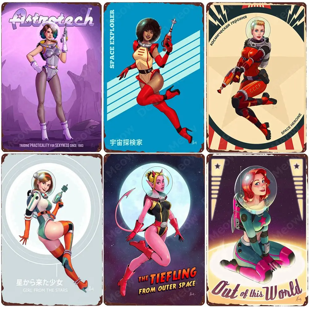 

Cosmic Girl Vintage Metal Poster Cafe Bar Home Wall Decor Tiefling Painting Space Explorer Tin Sign Marvel Weapon Plate N430