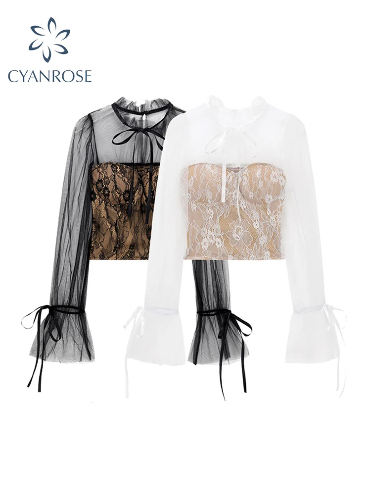 

Женская Винтажная футболка с длинным рукавом, кружевная футболка в стиле пэчворк, Готическая уличная одежда, привлекательная облегающая По...