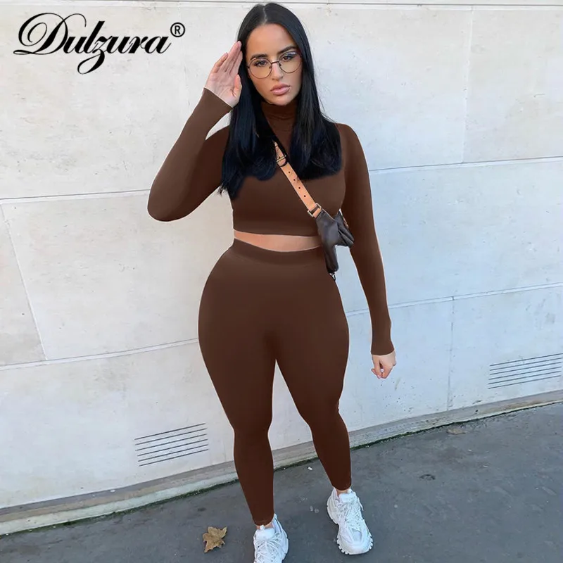 

Dulzura solid women two piece set crop top long sleeve leggings bodycon sexy streetwear fitness outfit tracksuit 2020 co ords