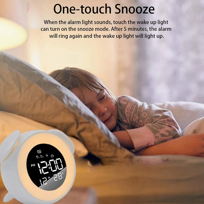 

Kids Alarm Clock Press Control Night Light for Bedrooms, Multiple Alarm Sounds Sunrise and Sunset Simulation, Snooze Function Wa