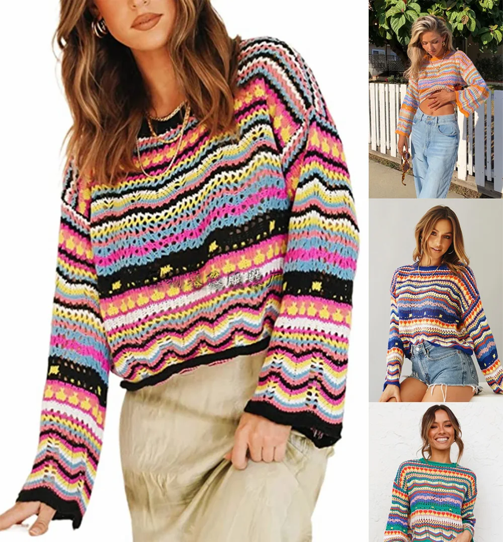 

Women Winter Sweater Clothes Striped Jumpers Female Long Sleeve Knitwear Casual Loose Knit Top Vintage Chic Fashion Sweater 2021
