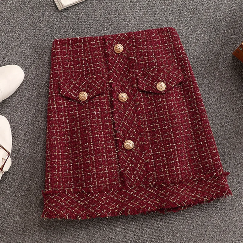 

Single-Breasted Woolen Short Jacket Coat + Mini Skirt 2 Piece Set Fall Winter Small Fragrance Vintage Tweed Two Piece Set Women