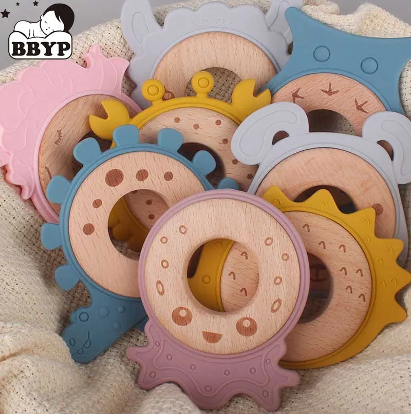 

Kawaii Baby Toys Teether Dino Animal Wood Rings Food Grade Wooden Teether Nursing Pendant Teething Toys Baby Accessories