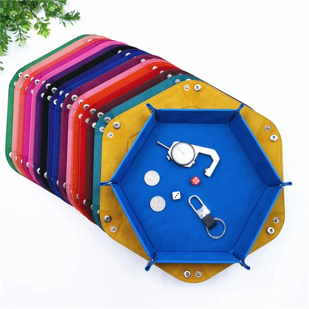 

7 Colors PU Leather Folding Hexagon Dice Tray Dice Box Dice Storage Case Table Games Coin Key Storage Tray Organizer