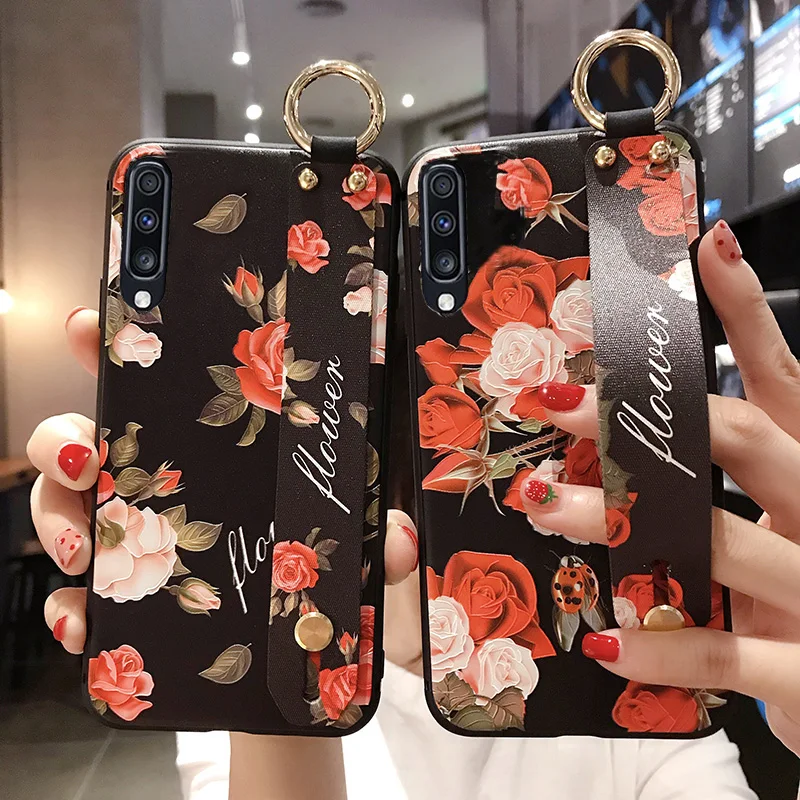 Матовый чехол с 3D рельефным цветком для samsung Galaxy S10e S9 S8 S10 Plus Note 8 9, ремешок на руку, мягкий чехол, роскошный чехол с подставкой
