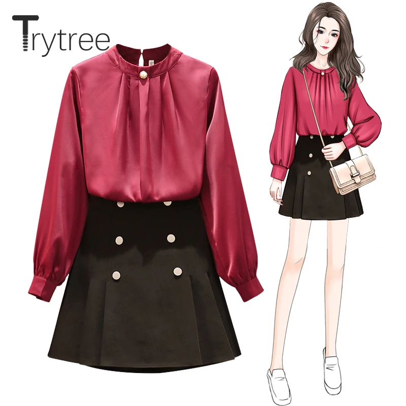 

Trytree 2021 Spring Summer Two piece set Casual Solid Silky Blouse + Elastic Waist A-line MIni Skirt Office Lady 2 Piece Set