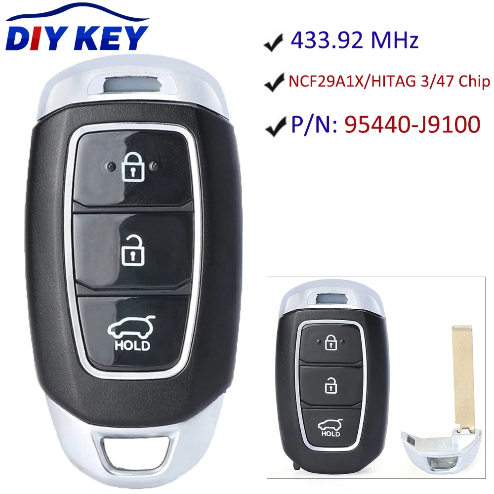

DIYKEY 95440-J9100 Keyless Remote Key Fob 3 Button for Hyundai Kona 2018 2019 2020 FSK 433.92MHz NCF29A1X / HITAG 3 / 47 Chip