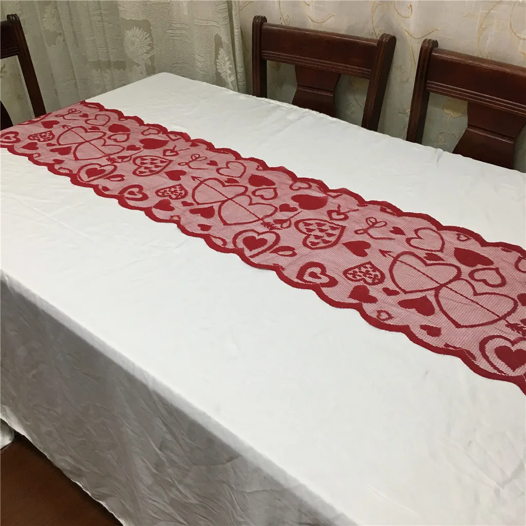 Valentine's Day Tablecloth Heart Shaped Lace Table Runners Flag Decoration Red Knitted Love Wedding | Дом и сад