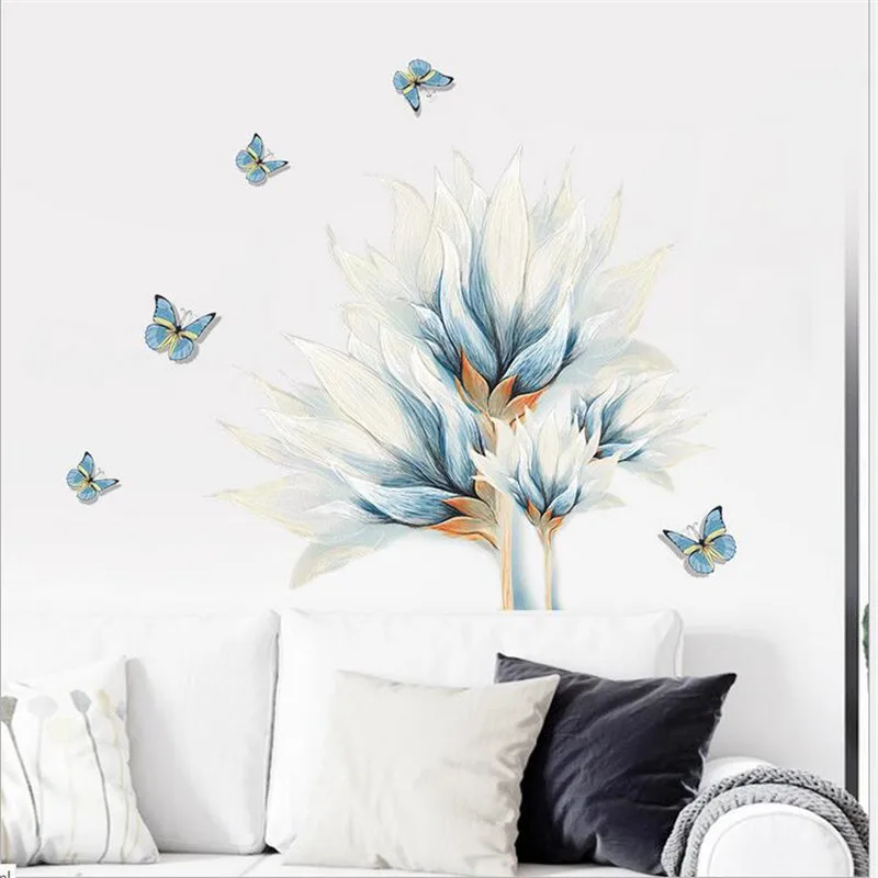 

1Pcs Blue Butterfly Flower Wall Sticker For Living Room Self-Adhesive Painting Home Decoration Stickers 30*90Cm