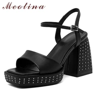 meotina shoes women real leather sandals super high heel platform sandals square toe cow leather ladies footwear summer yellow