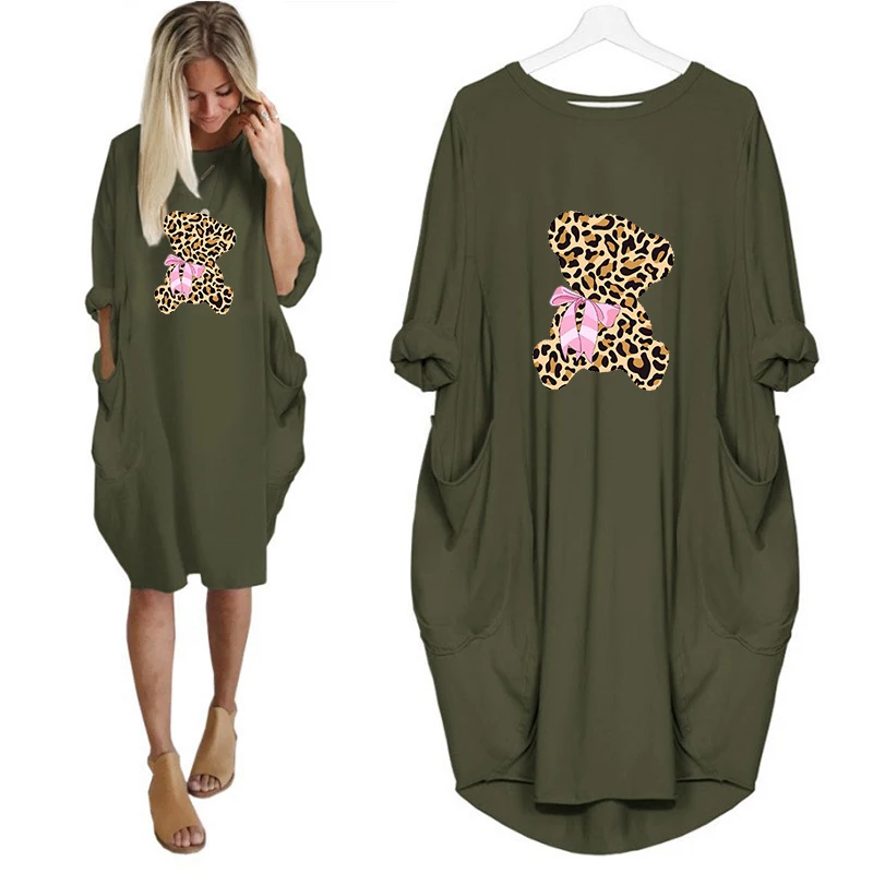 

5Xl Vintage Pijamas Mujer 2021 Spring Bear Elephant Cartoon Kawaii Night Dress Long Sleeve Lounge Wear Pocket Casual Streetwear