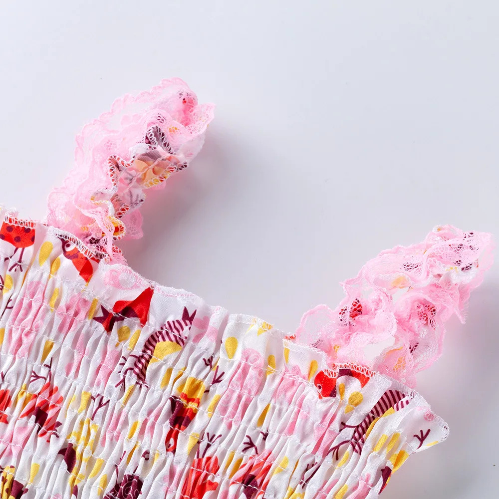 

2021 0-24M Newborn Baby Girl Easter Romper Cartoon Bunny Print Sleevelss Pleated Jumpsuit Long Pants+Headband 2pcs Summer Outfit