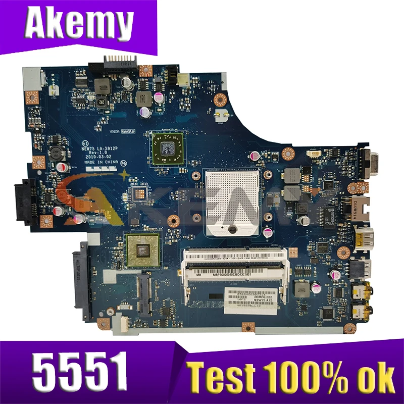 

AKEMY MB.PTQ02.001 Laptop Motherboard for Acer Aspire 5551 Series MBPTQ02001 LA-5912P & heatsink & cpu = La-5911p M880G DDR3