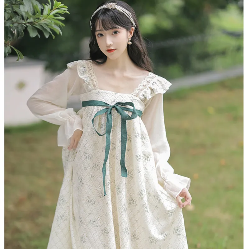 

Женское винтажное милое платье Hanfu в китайском стиле, женское шикарное платье с бантом и квадратным вырезом, нежное романтическое сказочное платье, осенняя одежда